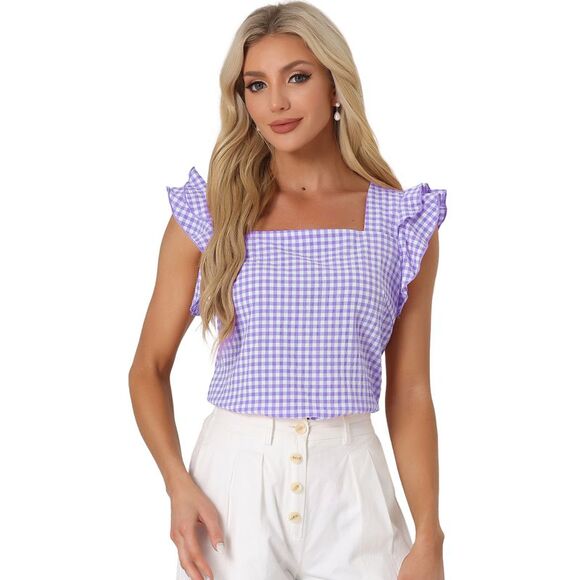 Summer Gingham Tops Square Neck Ruffle Cap Sleeve Blouses Purple - Picture 1 of 6